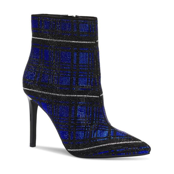 INC Womens Blue Plaid Rhinestone Reisa Pointed Toe Stiletto Zip-Up Booties 7.5 M - Picture 1 of 1